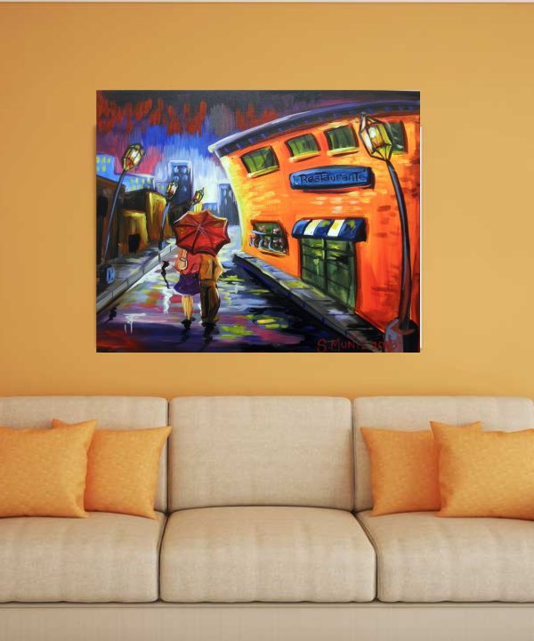 Impressionist painting cityscape, "couple walks after the rain" canvas art - Image 3
